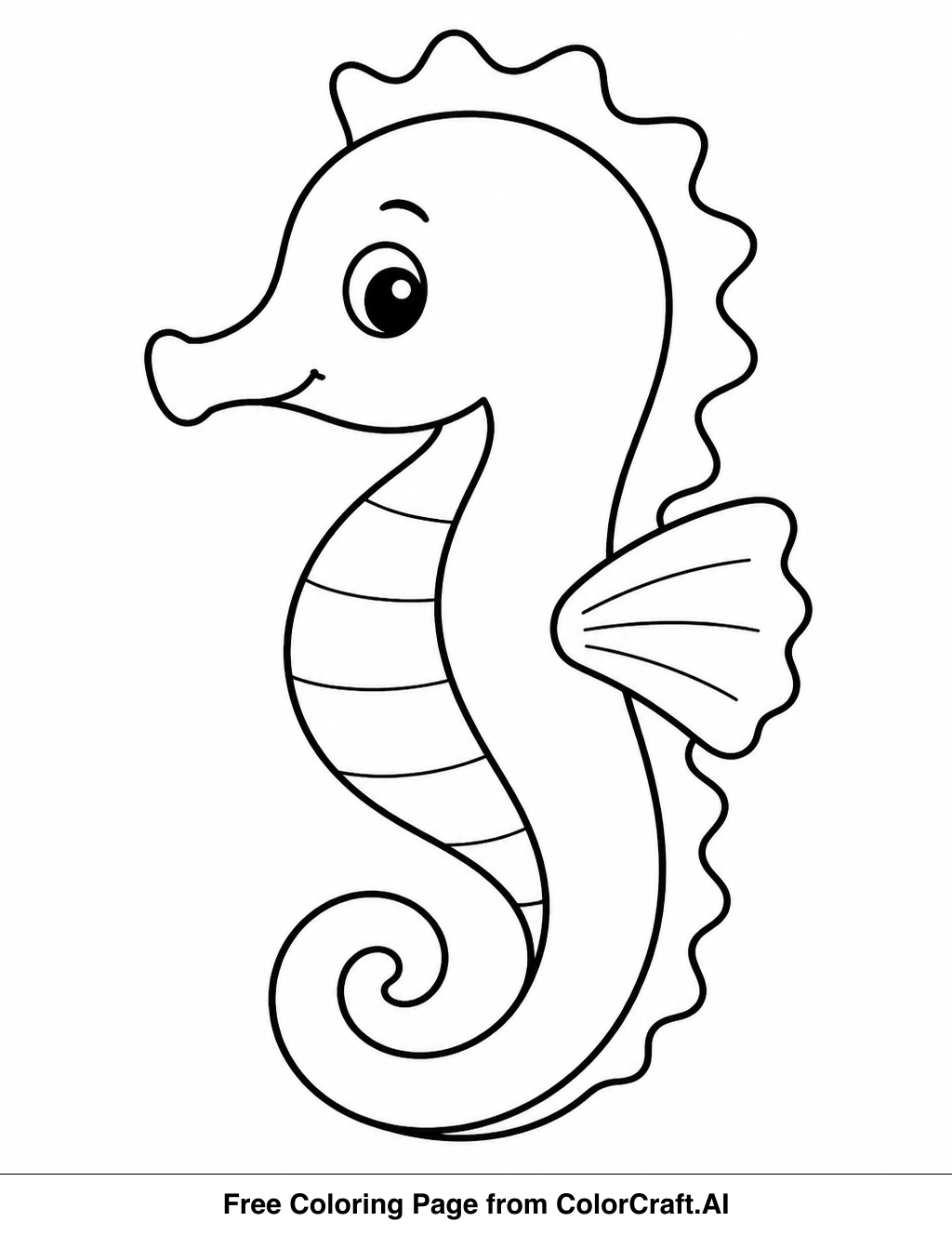 A simple line drawing of a friendly seahorse swimming in the ocean, perfect for coloring.