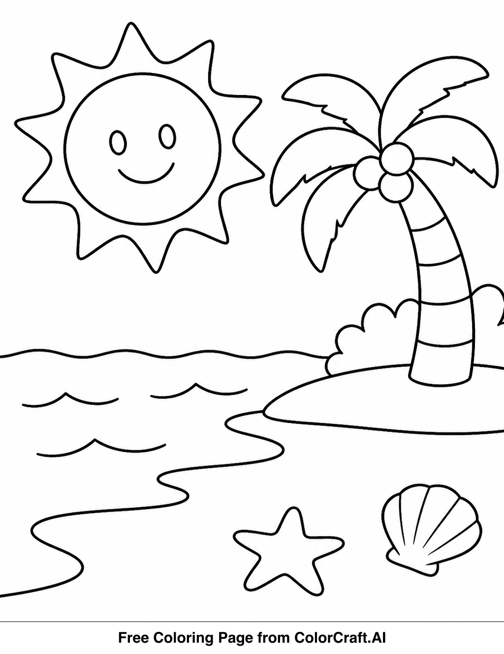 Line drawing of a smiling sun over a sandy beach with gentle waves.