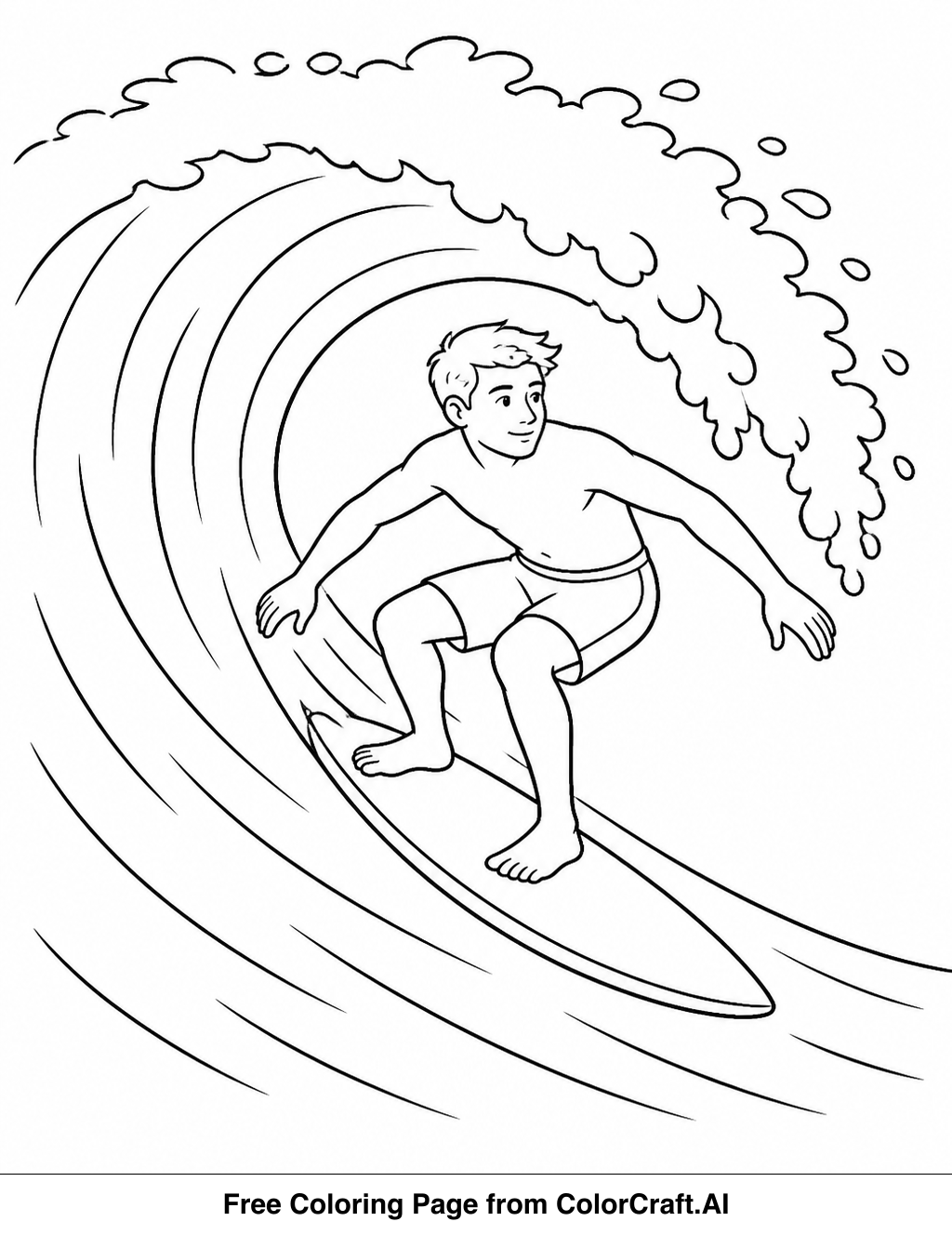 Line drawing of a surfer skillfully riding the crest of a large, powerful ocean wave.