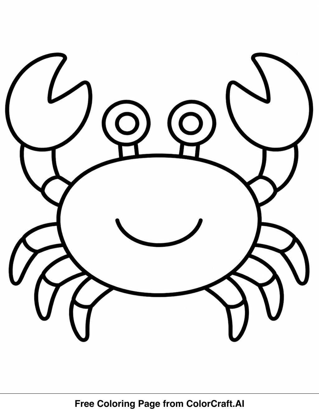 Line drawing of a happy crab with big eyes and claws, suitable for coloring.