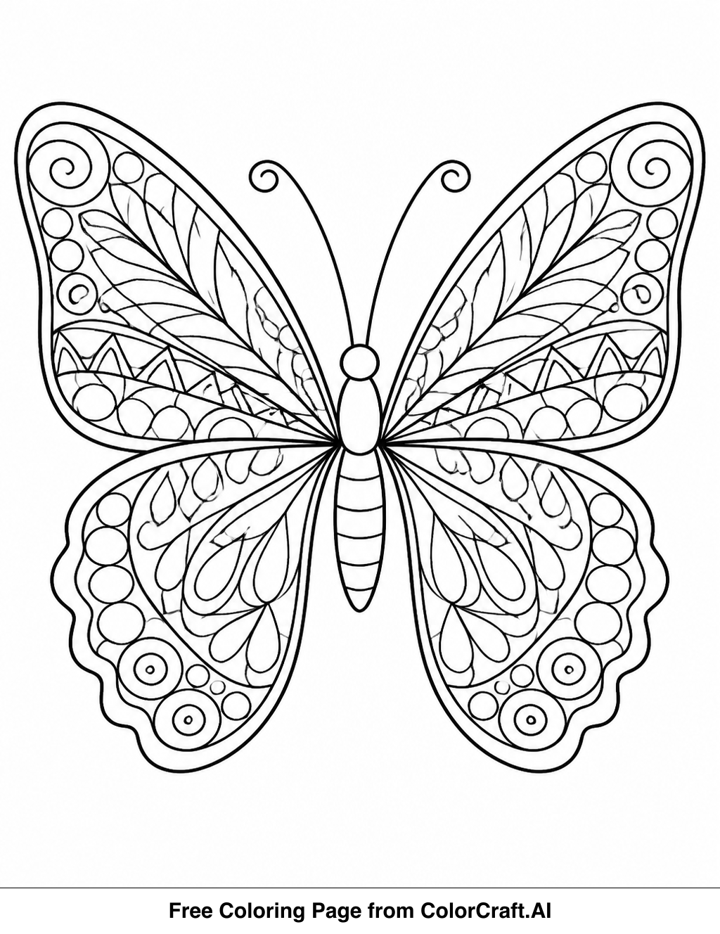 Line art drawing of butterfly wings filled with detailed zentangle patterns for coloring.