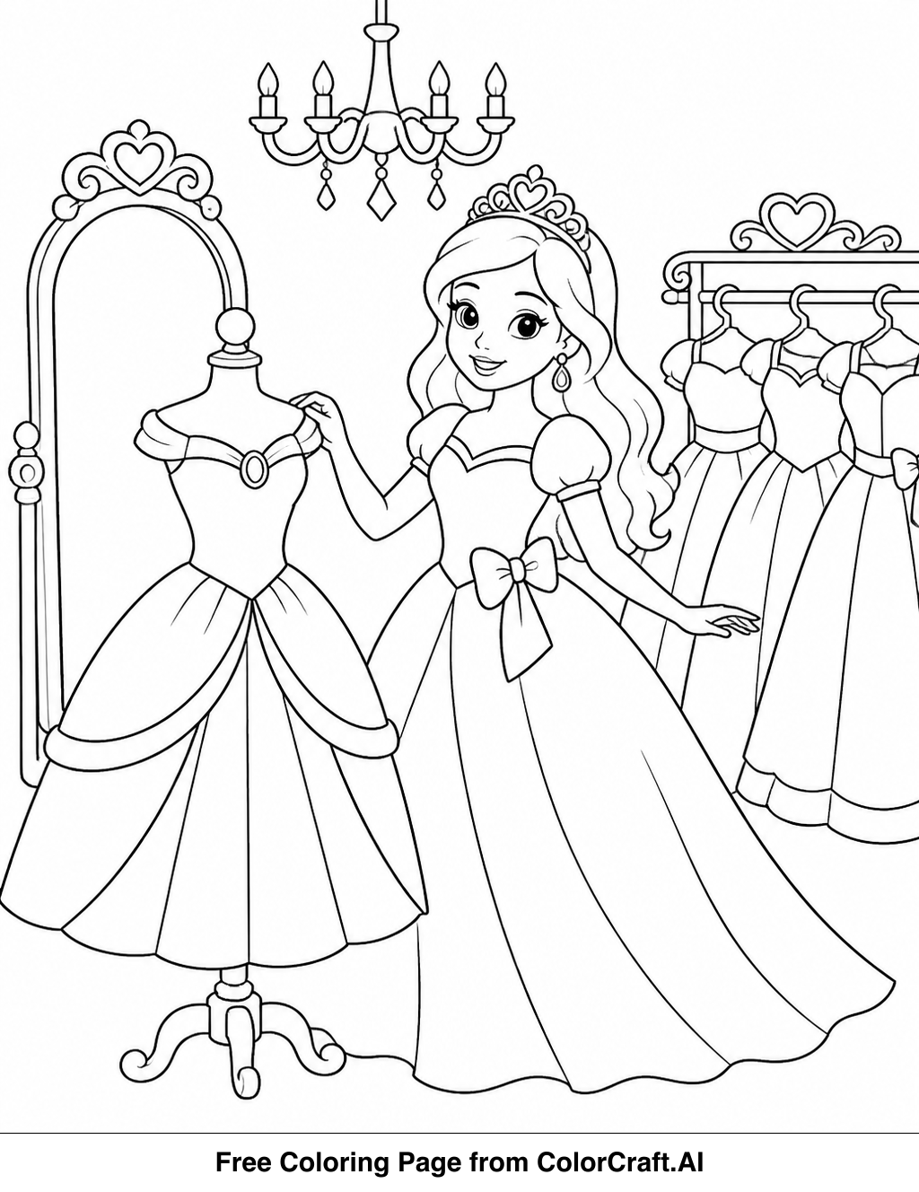 Line drawing of a princess trying on elegant dresses in a stylish boutique.