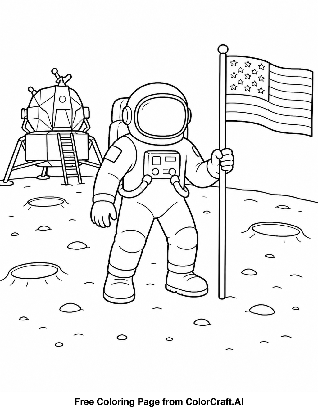Line drawing of an astronaut standing on the moon, planting a flag, with Earth in the background.