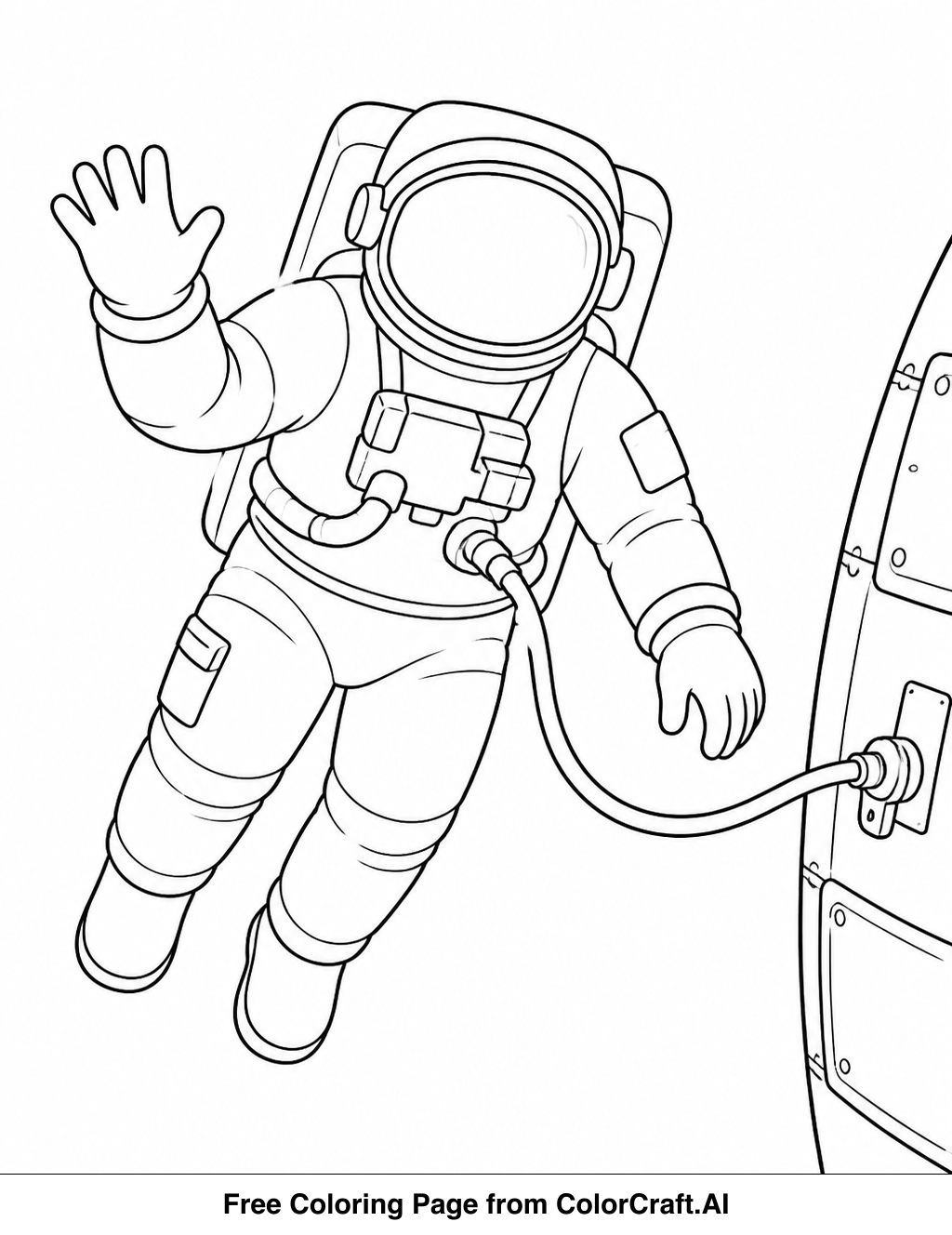 Line drawing of an astronaut in a suit, tethered, floating in space with planets and stars.