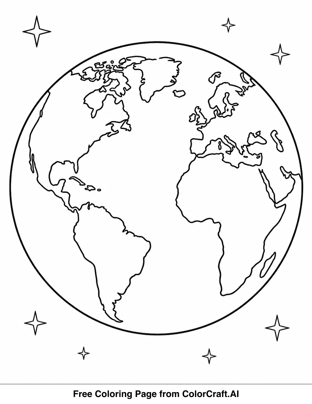 Line drawing of planet Earth as seen from outer space, highlighting landmasses and water.