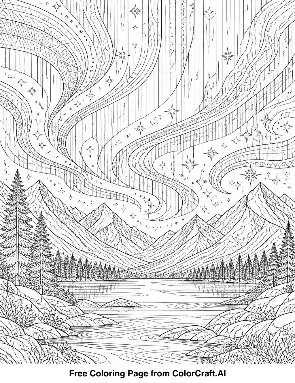 Intricate line drawing of the aurora borealis dancing across a starry night sky.