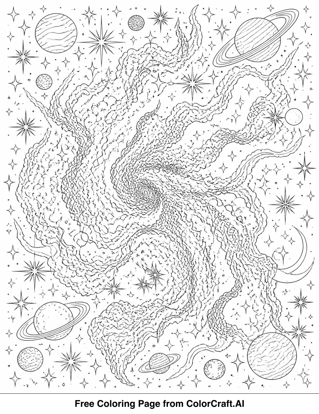 Line art drawing of a detailed cosmic dust cloud nebula with swirling patterns and stars.