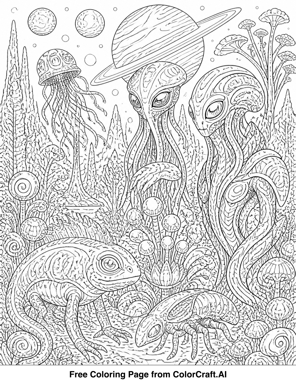 Intricate line drawing of an alien landscape with unusual plants and a mysterious creature.