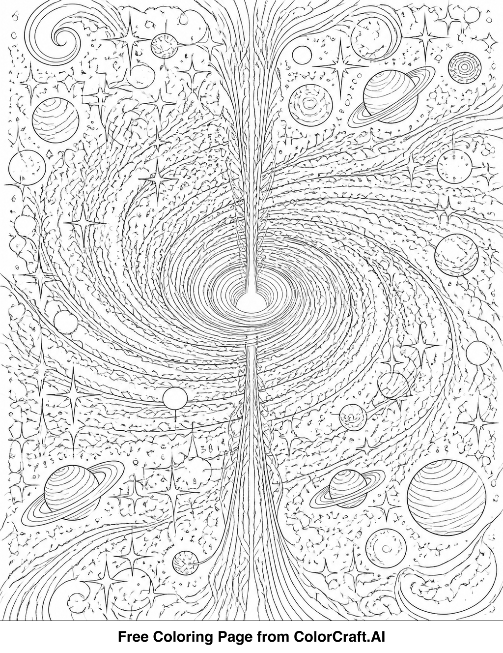 Intricate line drawing of a vast galactic core with swirling cosmic dust and stars.