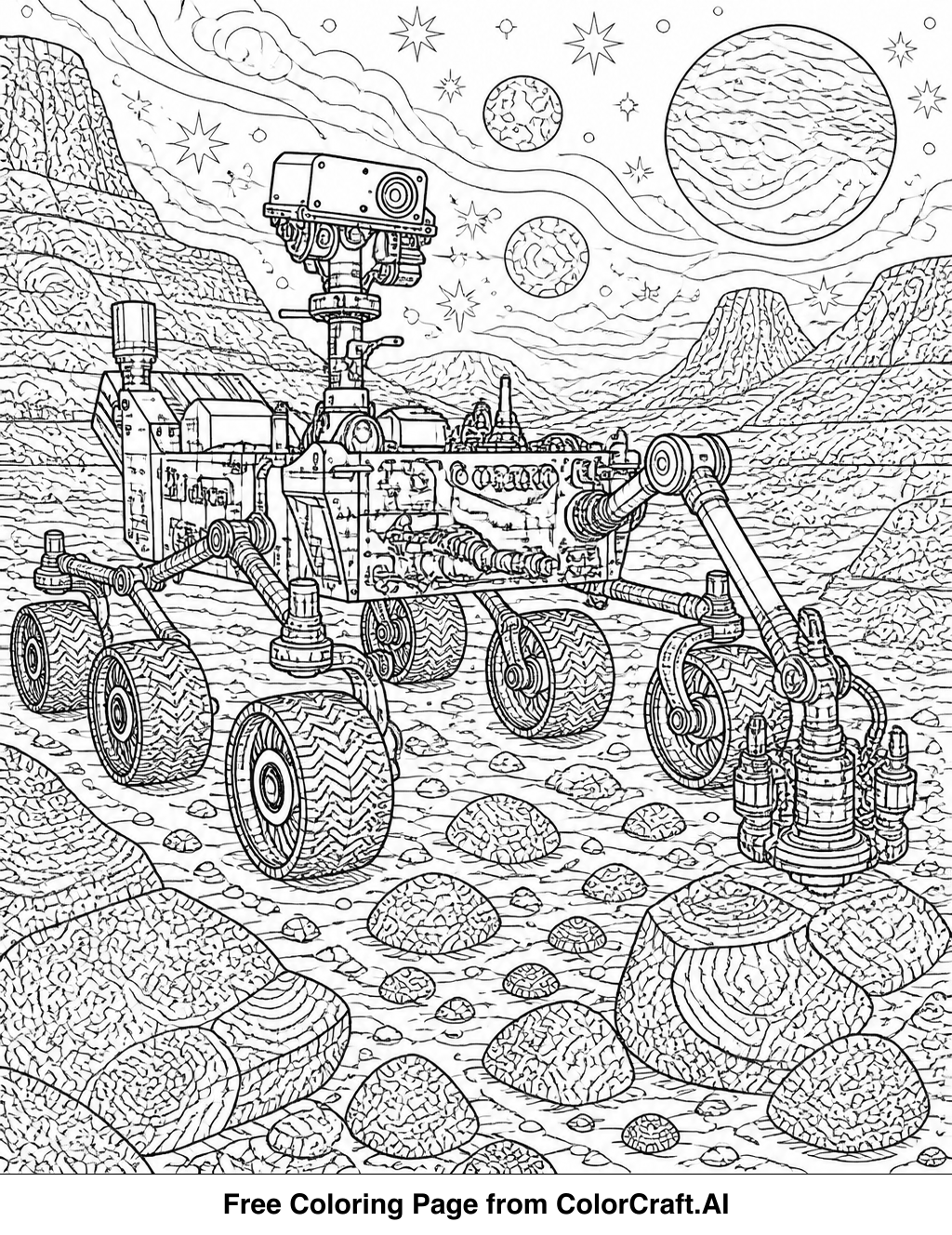 Intricate line drawing of a Mars rover exploring a rocky, alien landscape on another planet.