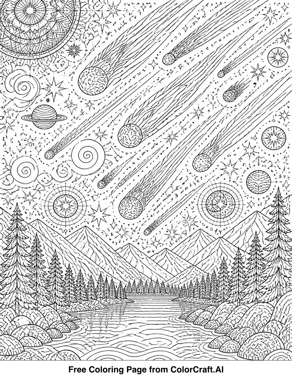 Intricate line drawing of a vast night sky filled with shooting stars and distant celestial bodies.