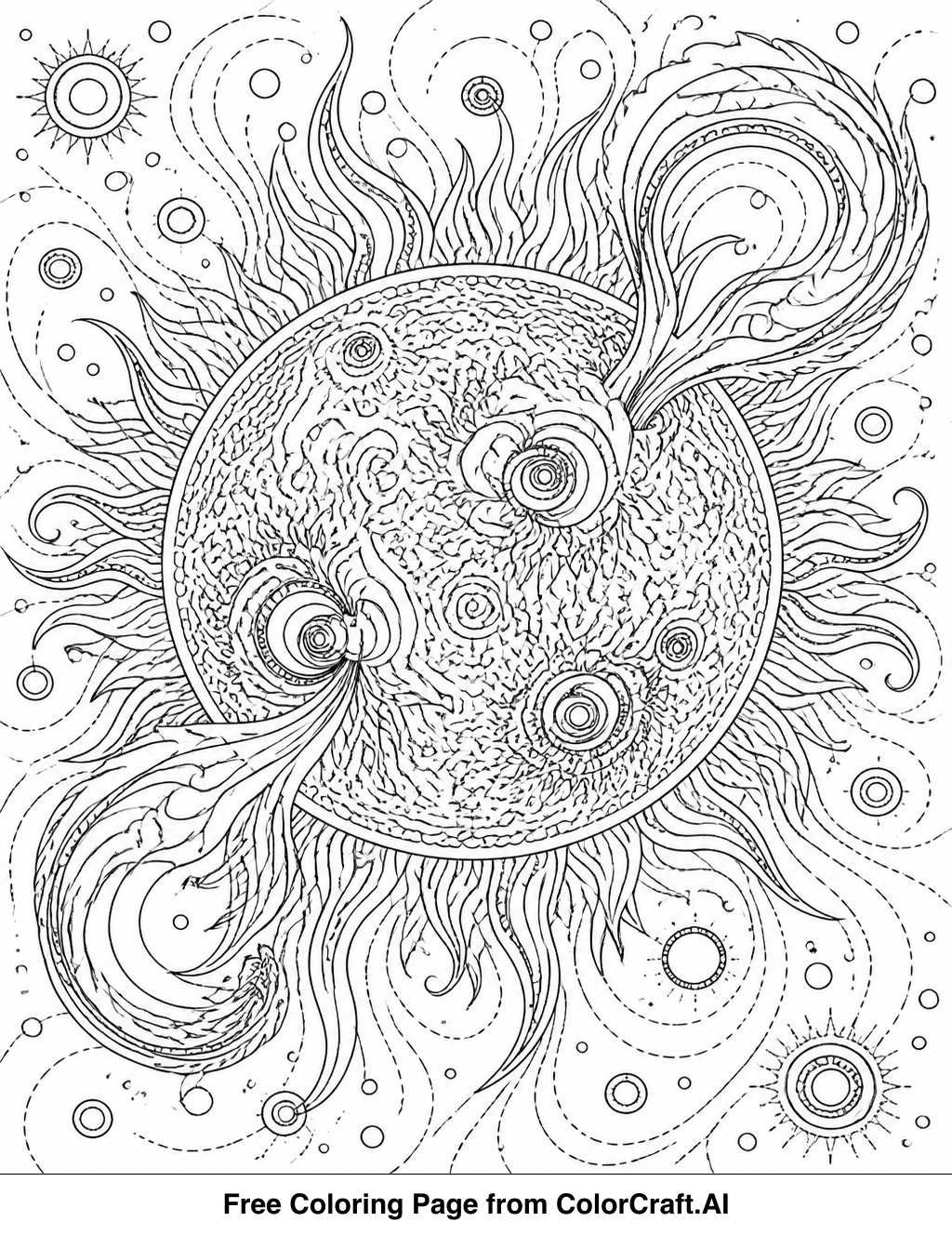 Intricate line drawing of the sun with a large solar flare erupting outwards, showing energetic activity.