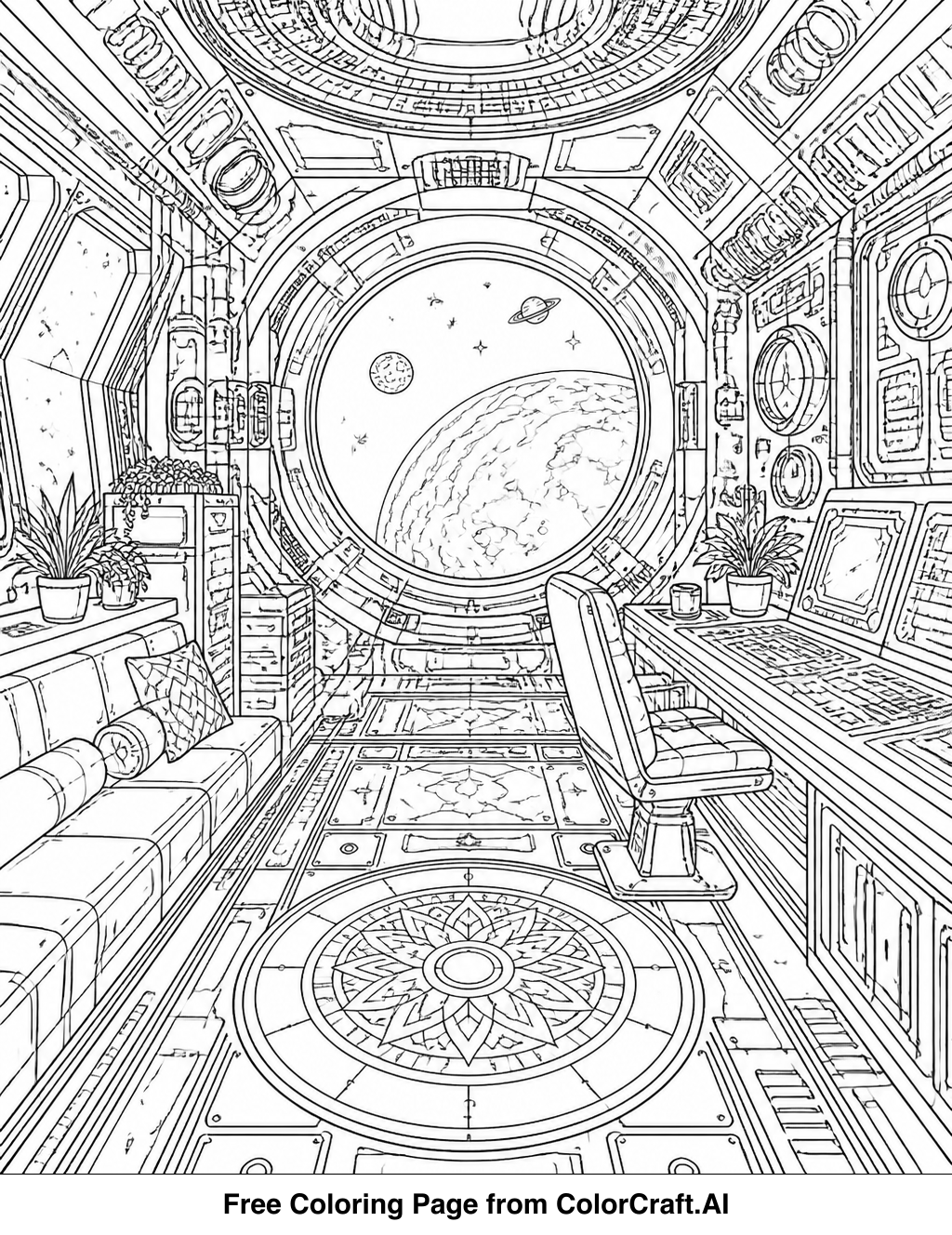 Line drawing of a detailed space station interior with consoles, screens, and equipment for coloring.