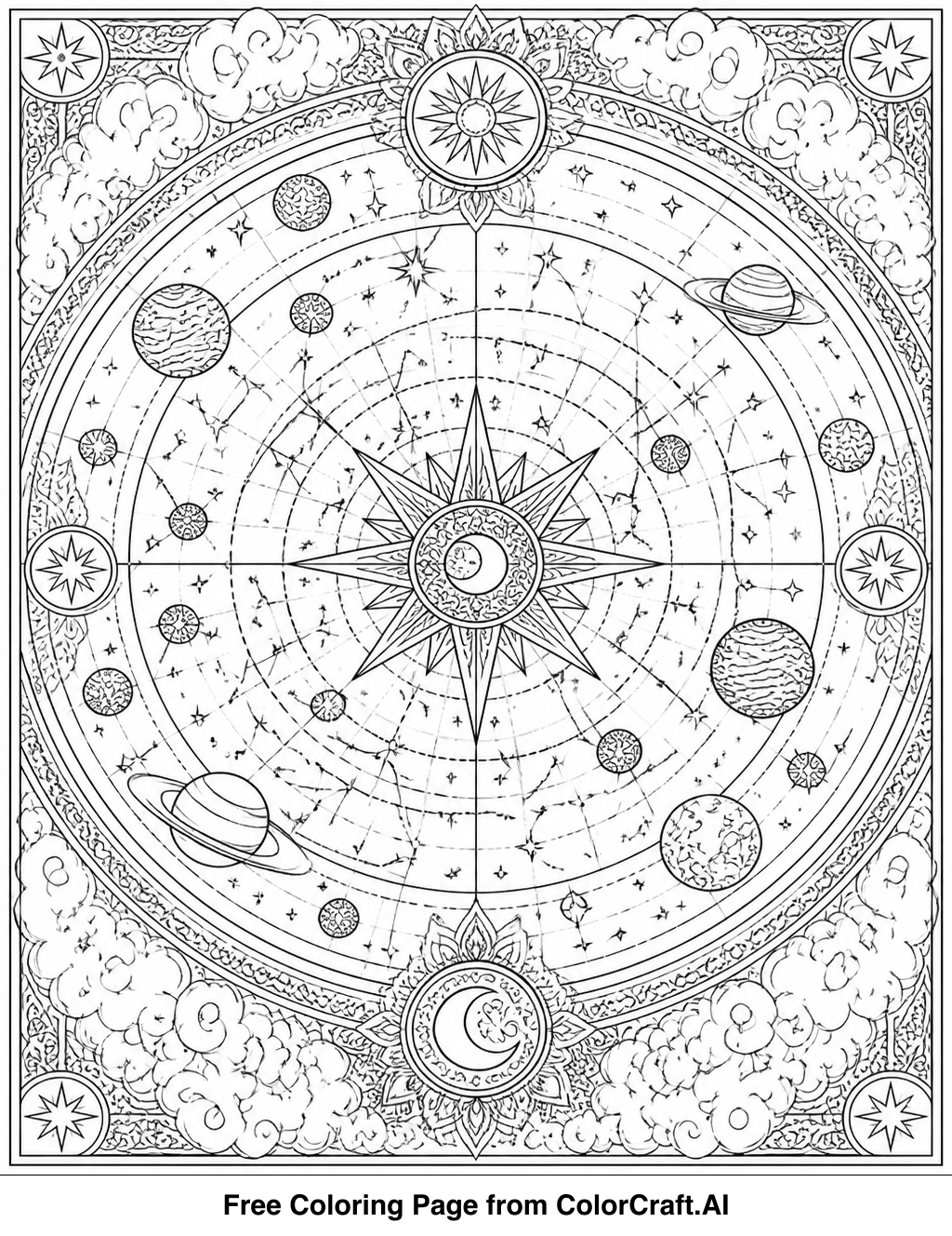Intricate zentangle pattern forming a celestial map with stars and cosmic elements.