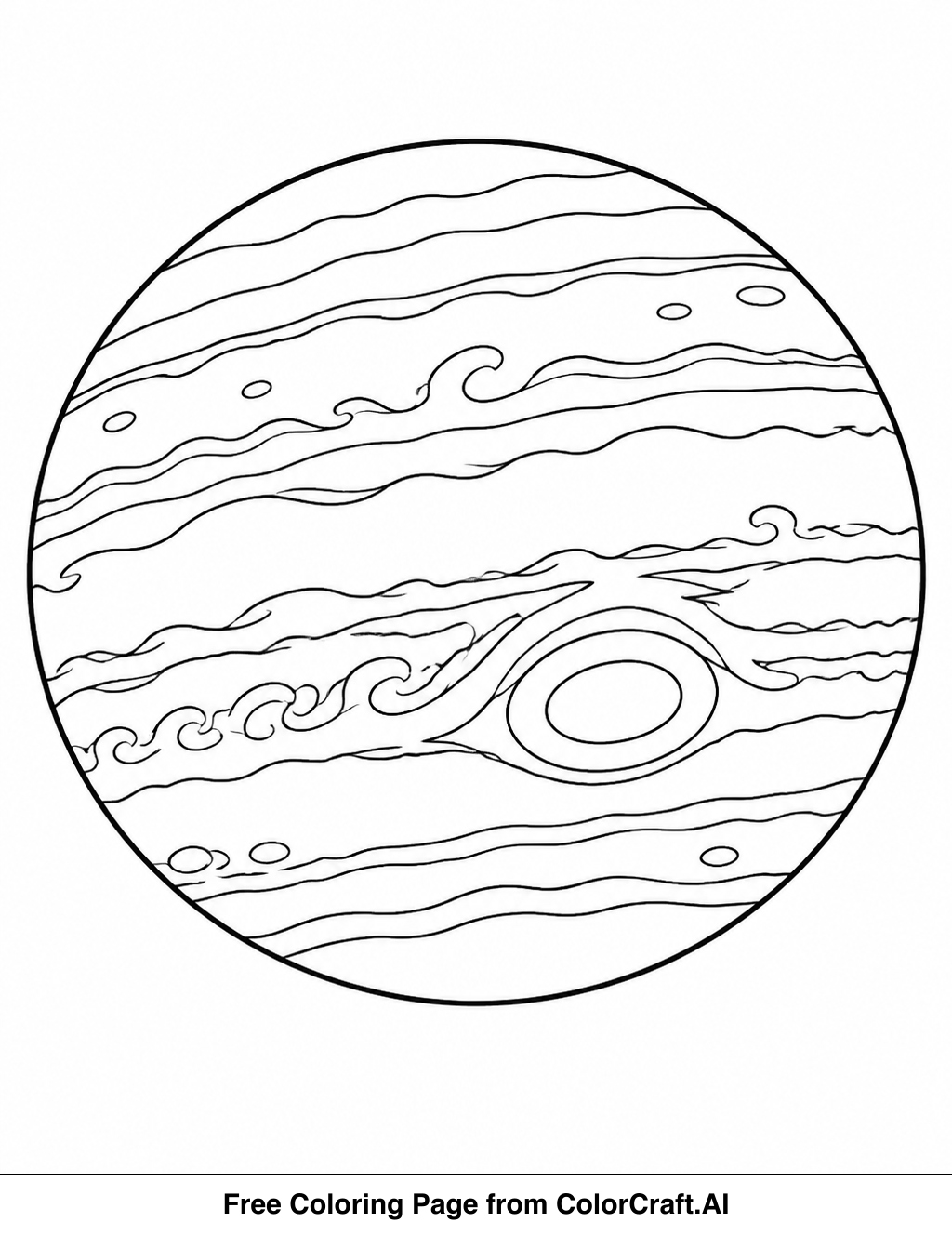 Line drawing of the planet Jupiter with its Great Red Spot, suitable for coloring.