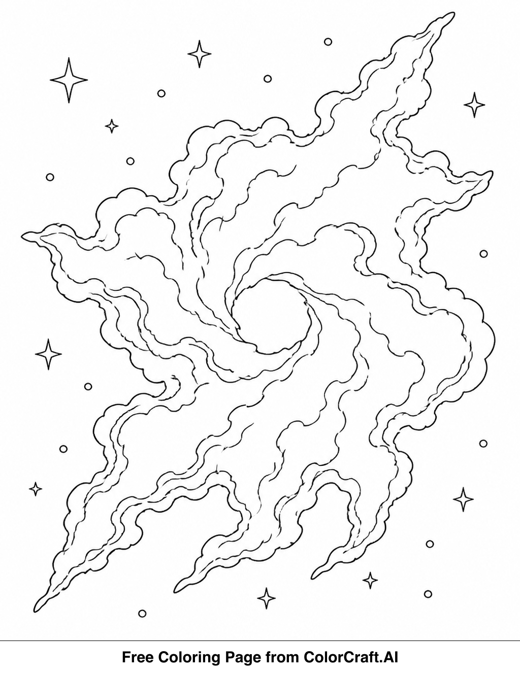 Line drawing of a beautiful nebula cloud formation in outer space with stars, ready for coloring.