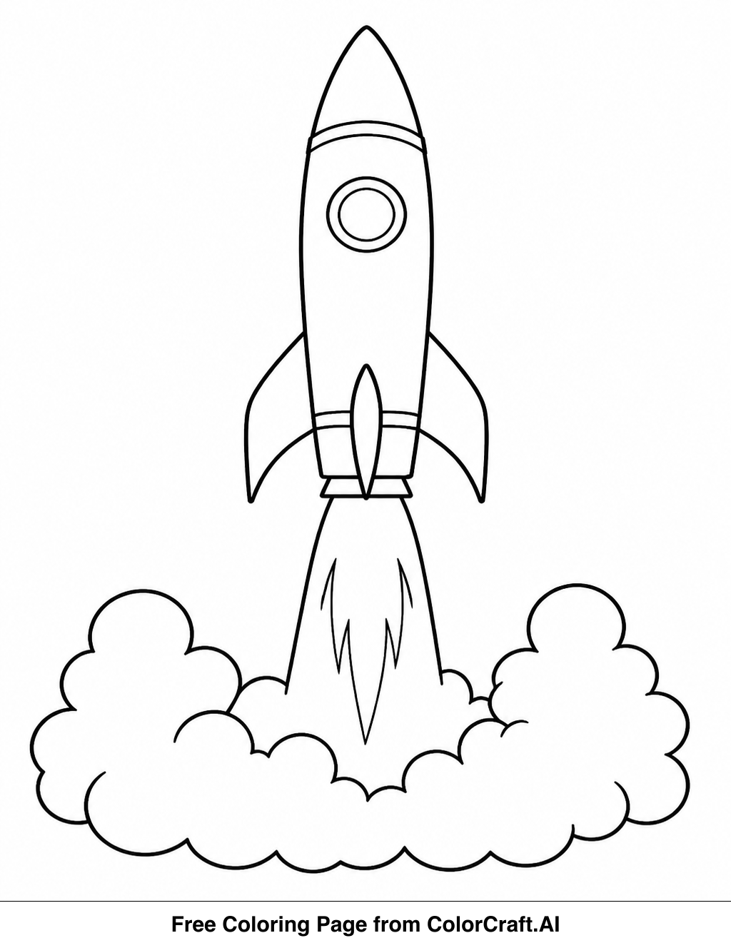 Line drawing of a rocket launching upwards from a platform with smoke billowing out.