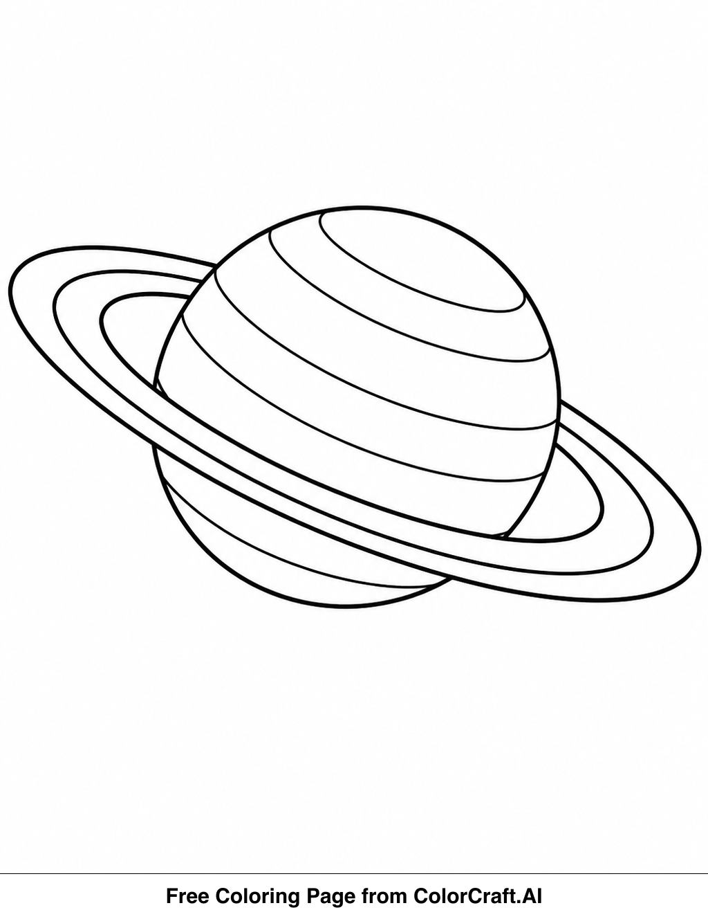 Line drawing of the planet Saturn with prominent rings, ready for coloring.