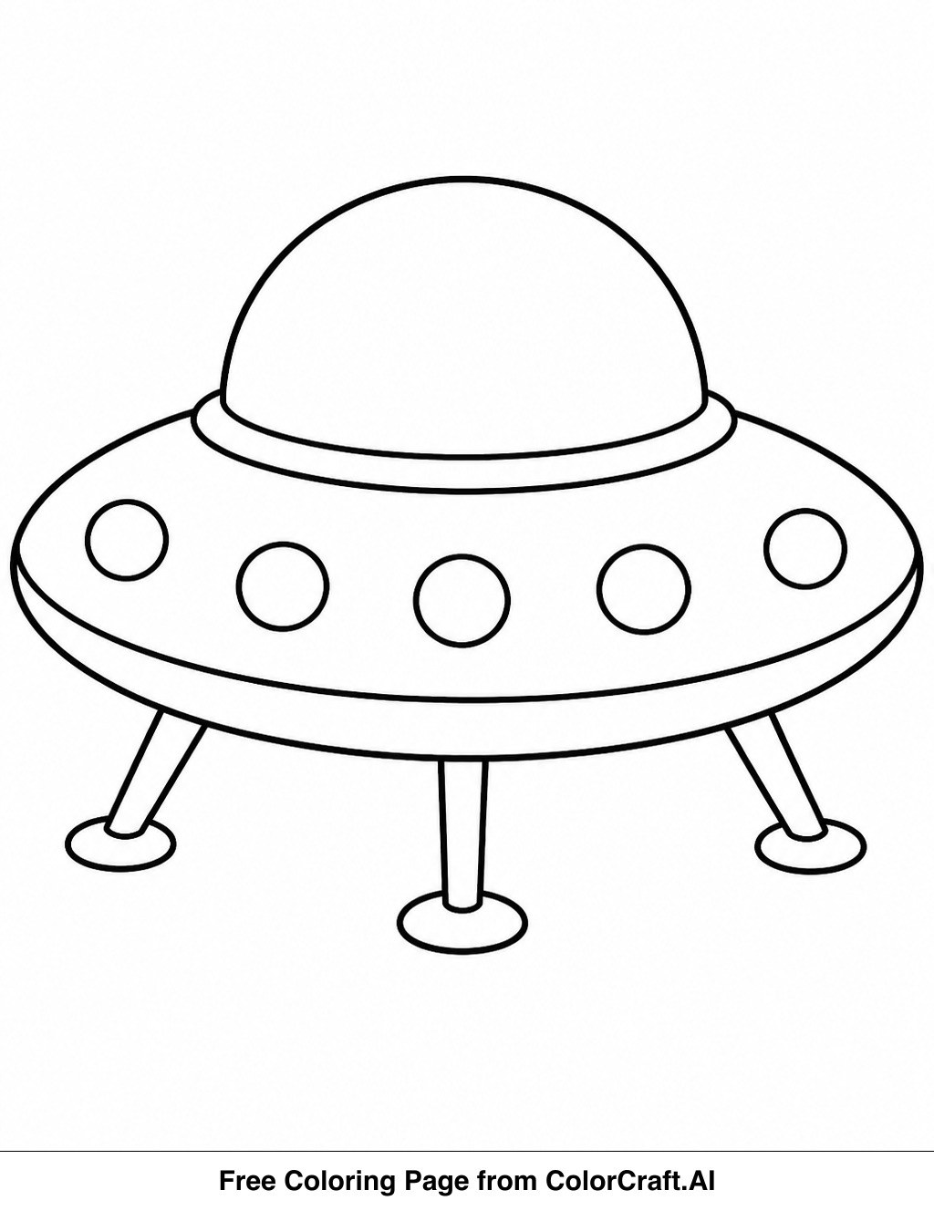 Simple line drawing of a cartoon alien spaceship with a round body and windows.