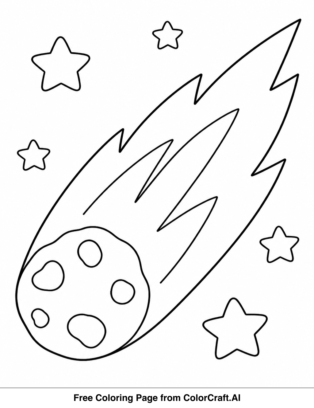 Line drawing of a friendly comet with a flowing tail moving through a field of stars.