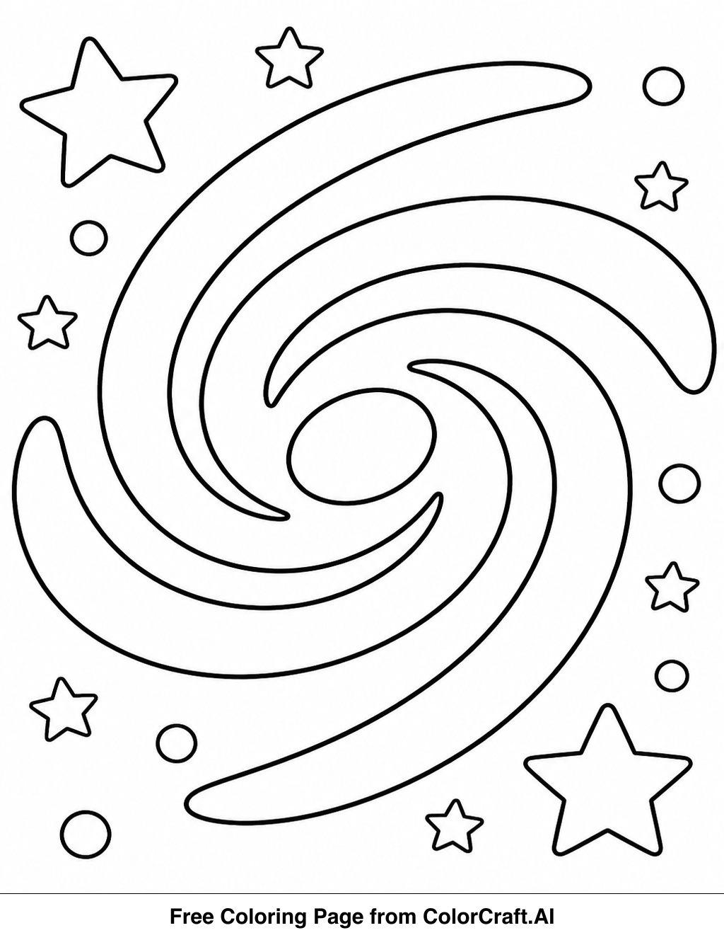Line art drawing of a swirling galaxy with stars and nebulae, ready for coloring.