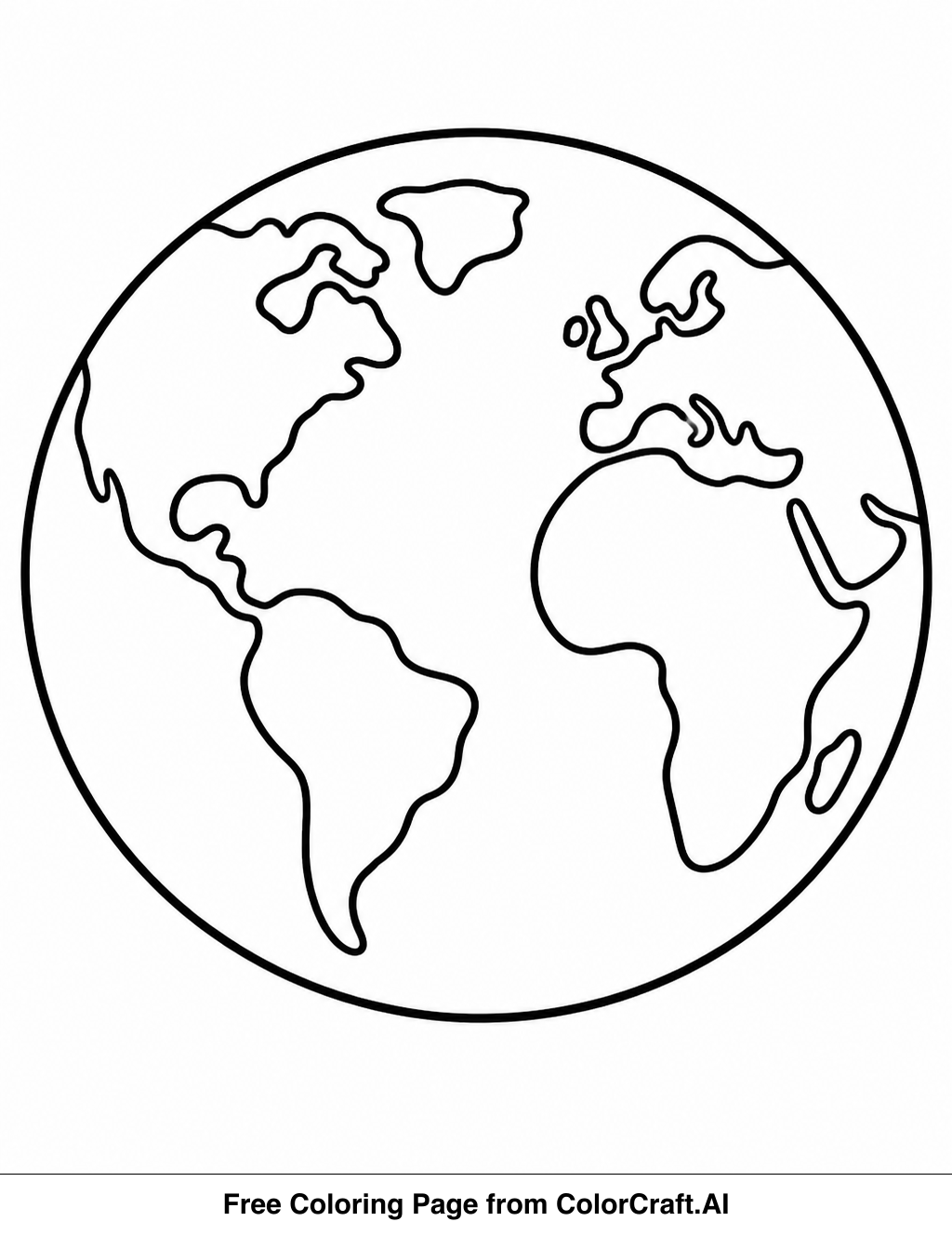 Simple line drawing of planet Earth showing continents and oceans, perfect for coloring.