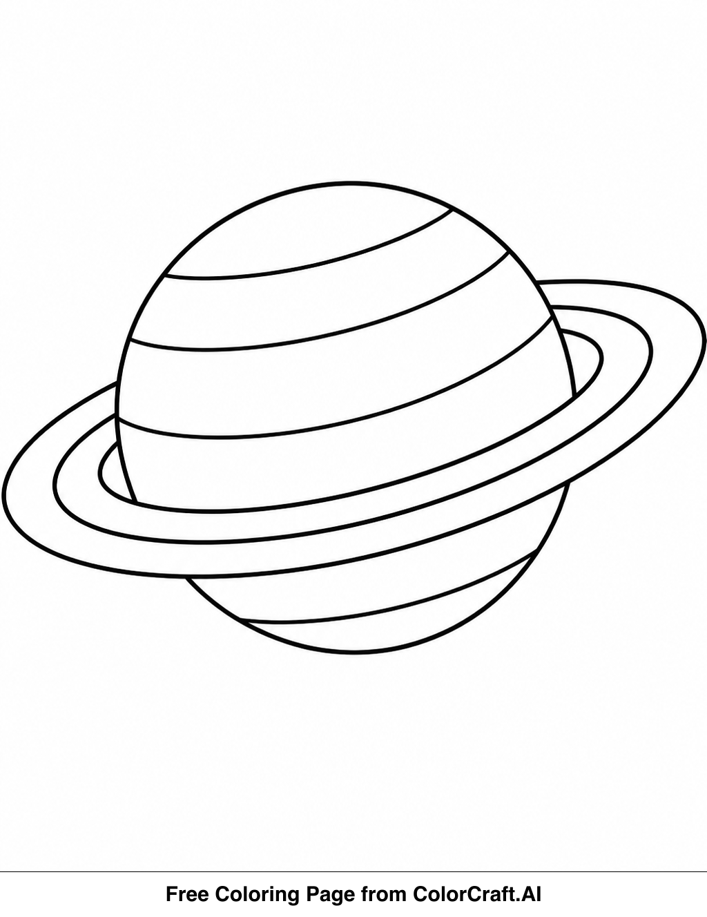 Line drawing of the planet Saturn with prominent rings, ready for coloring.