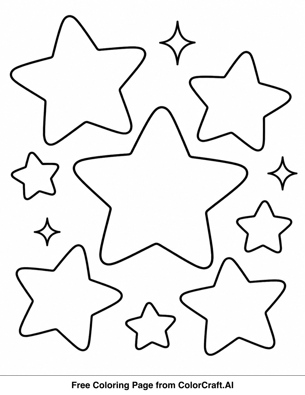 Simple line drawing of many stars clustered together in outer space, ready to be colored.