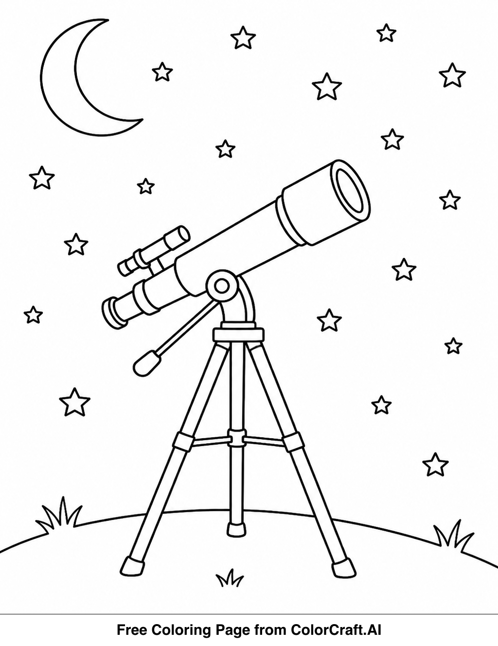 Line drawing of a person looking through a telescope at a vast expanse of stars and celestial bodies.
