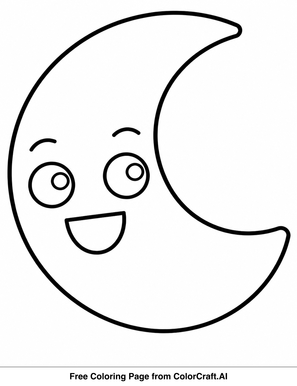 Line drawing of a smiling moon with a happy face, perfect for a coloring page.
