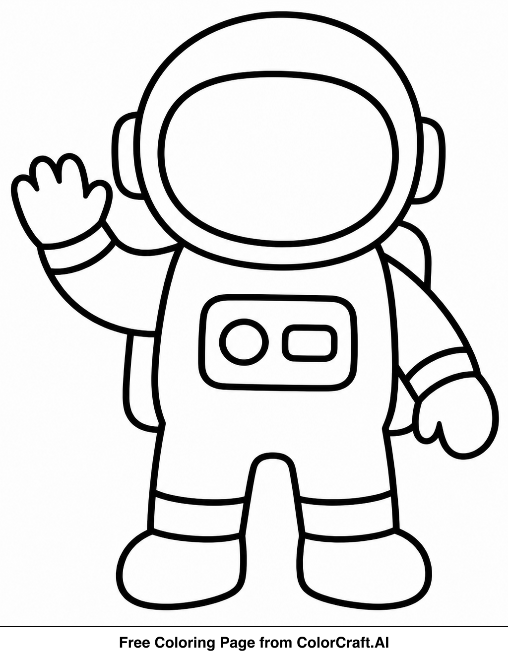 Line drawing of a smiling astronaut in a space suit floating among stars and planets.