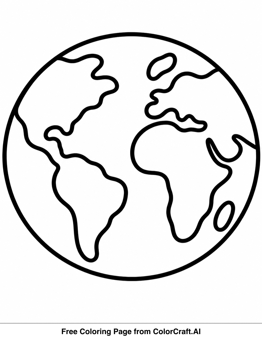 Line drawing of planet Earth, showing continents and oceans, perfect for a coloring page.