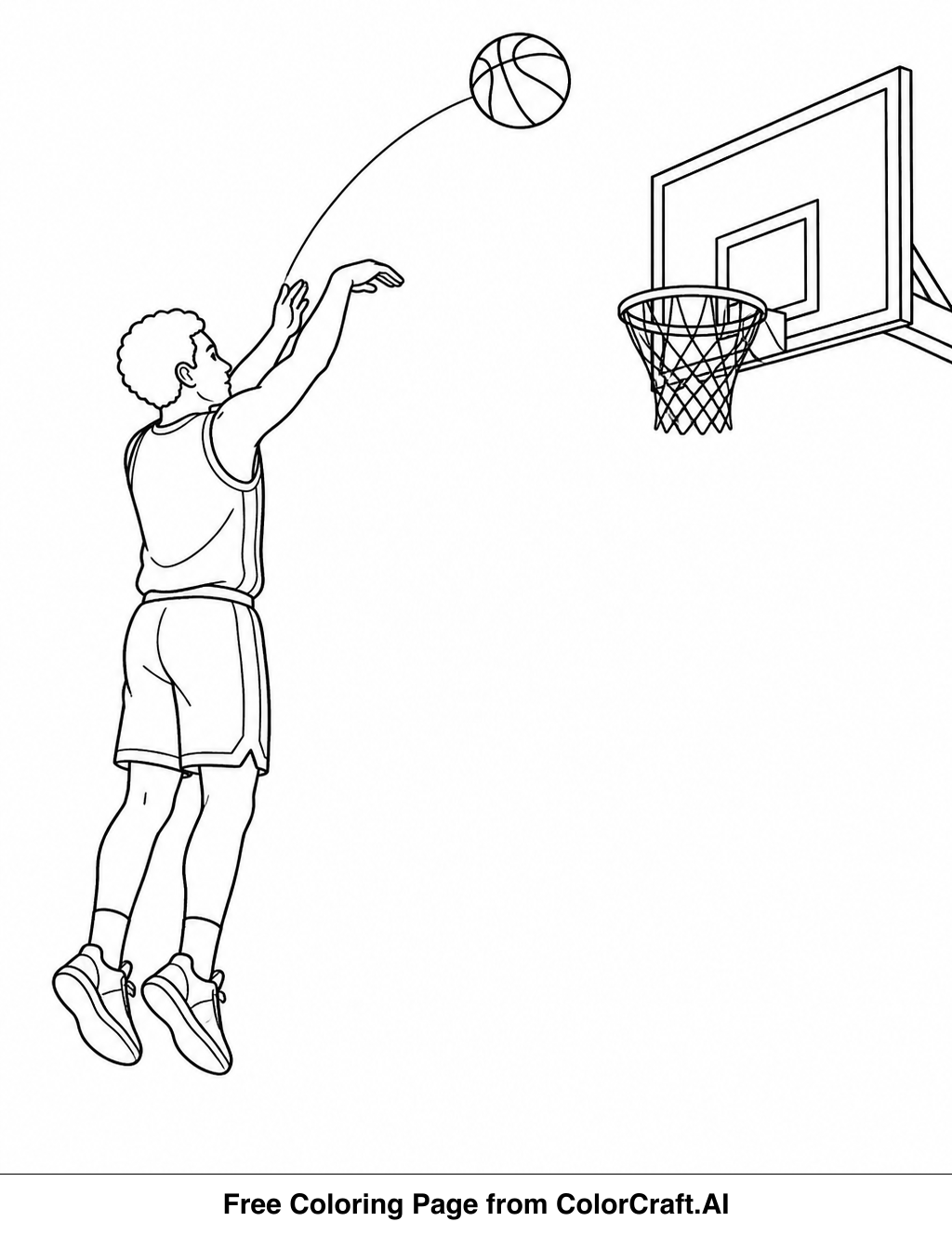 Line drawing of a basketball player jumping high, ball in hand, aiming for the hoop, ready to be colored.