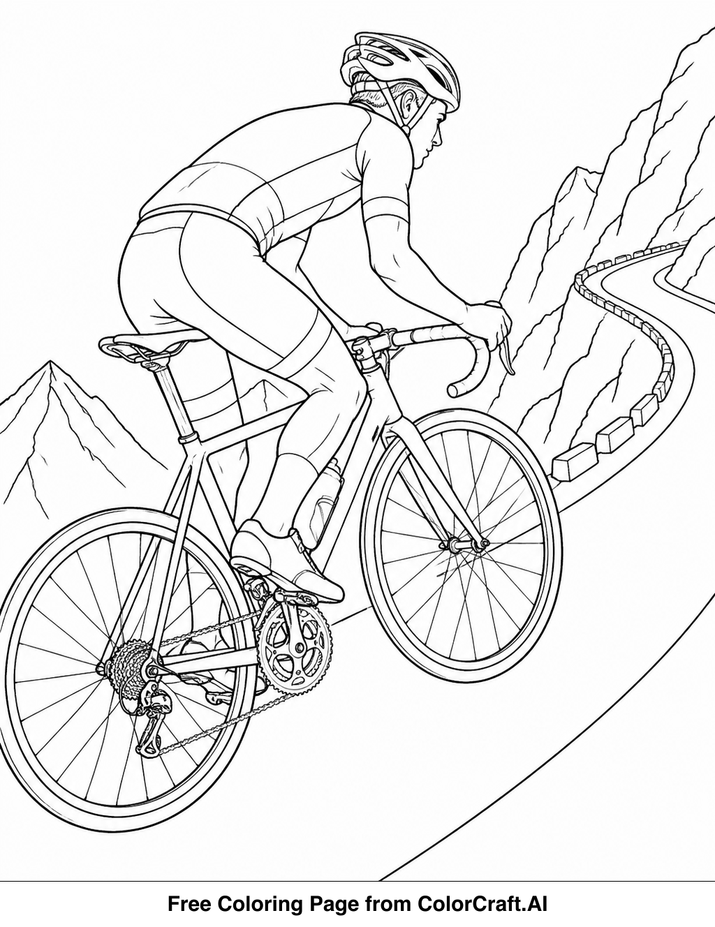 Line drawing of a cyclist pedaling uphill on a winding mountain road, detailed gears and helmet visible.