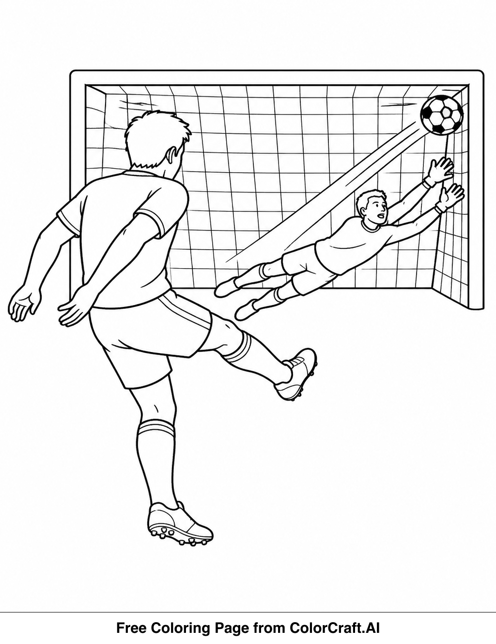 Line drawing of a soccer player in action, kicking a ball towards the corner of a goal net.