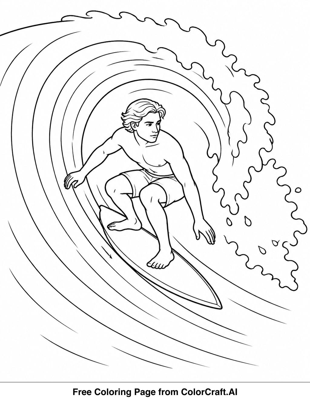 Line drawing of a surfer balancing on a surfboard, riding the crest of a large ocean wave.