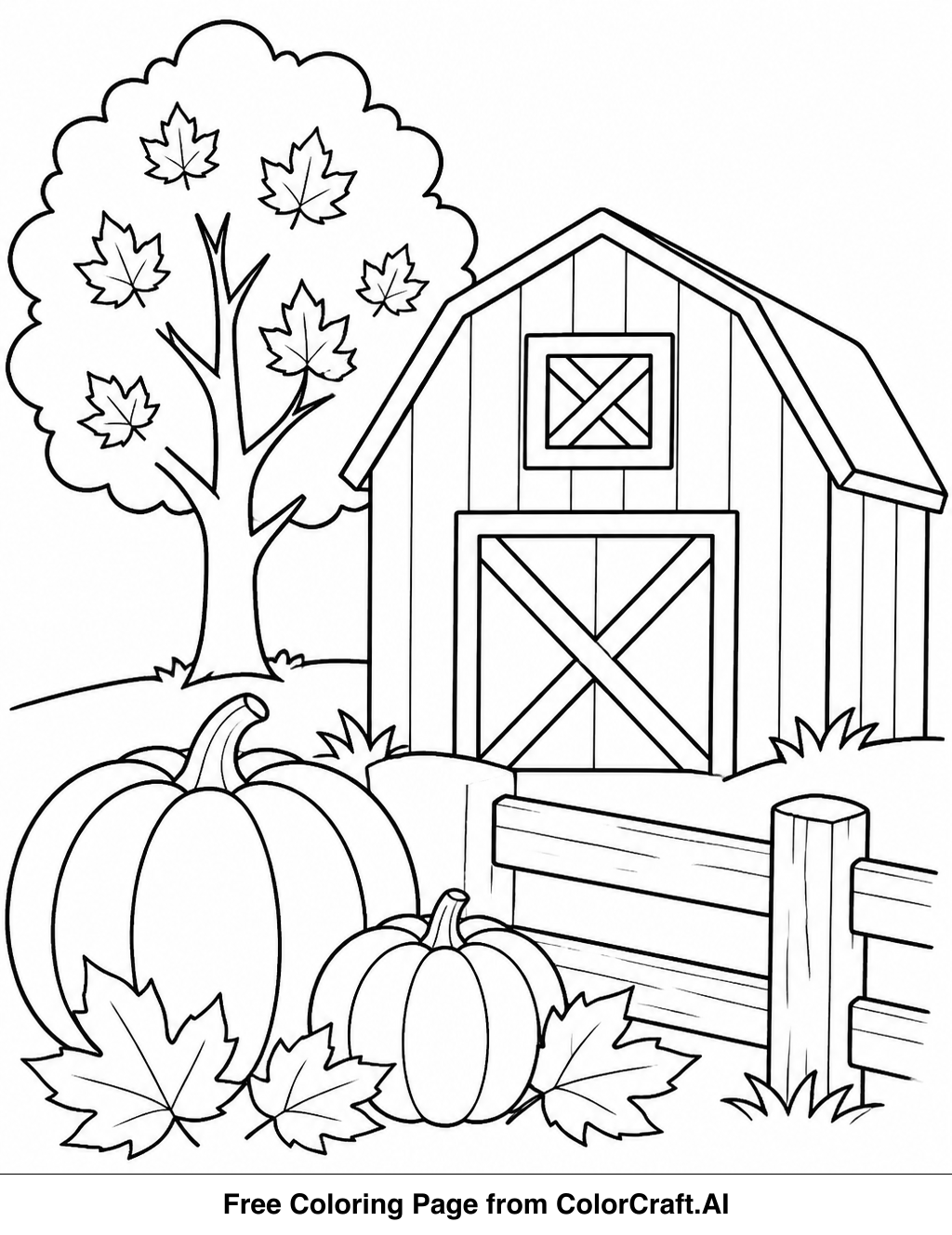Line drawing of a Thanksgiving farm scene with a barn, hay bales, pumpkins, and farm animals.