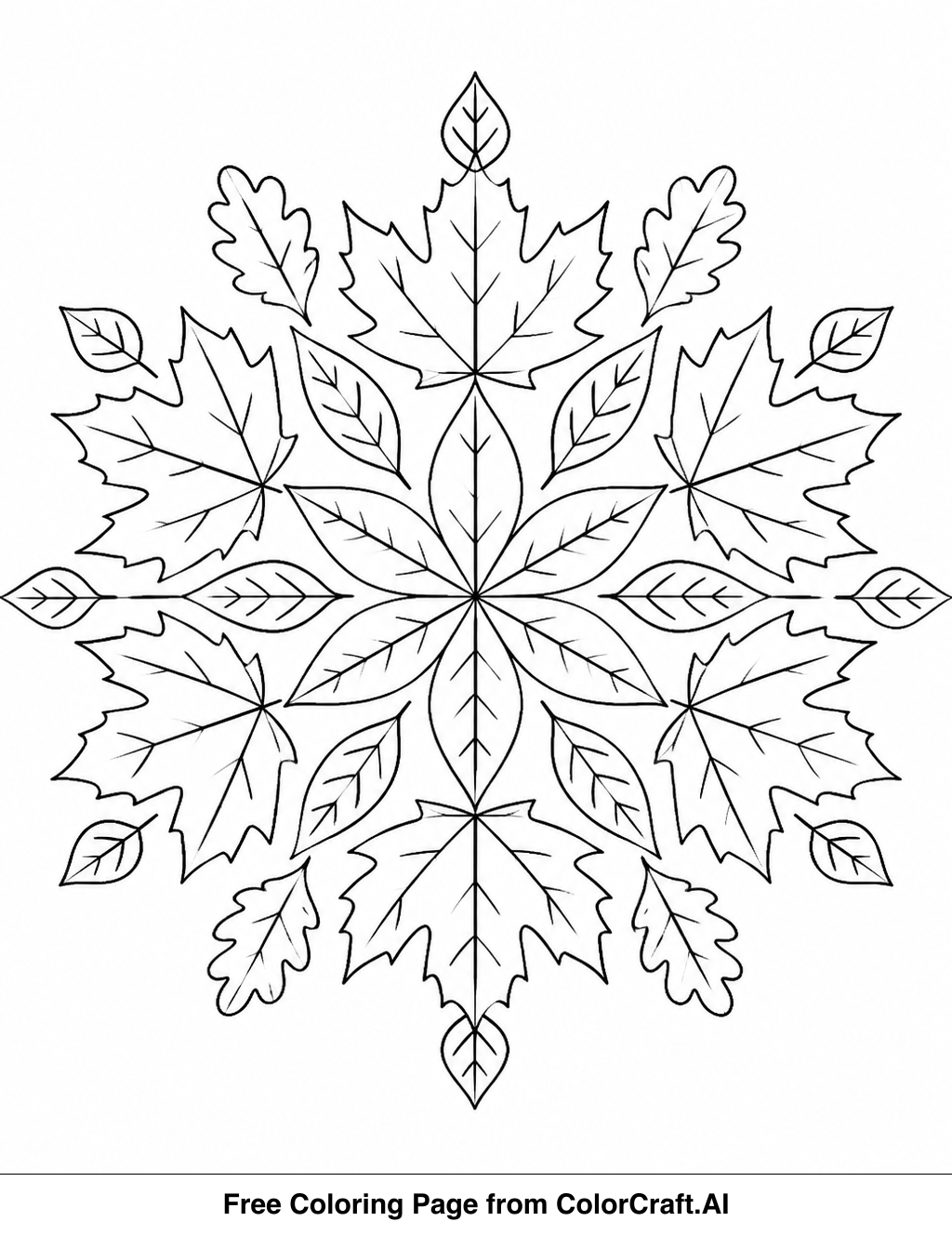 Line drawing of a mandala with many detailed autumn leaves forming a circular pattern.