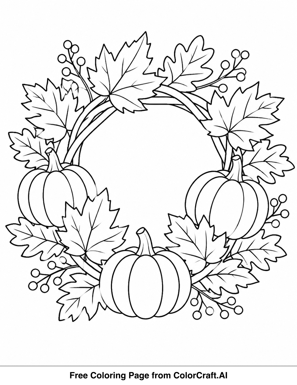 Line drawing of a circular autumn wreath with leaves, berries, and seasonal elements for coloring.