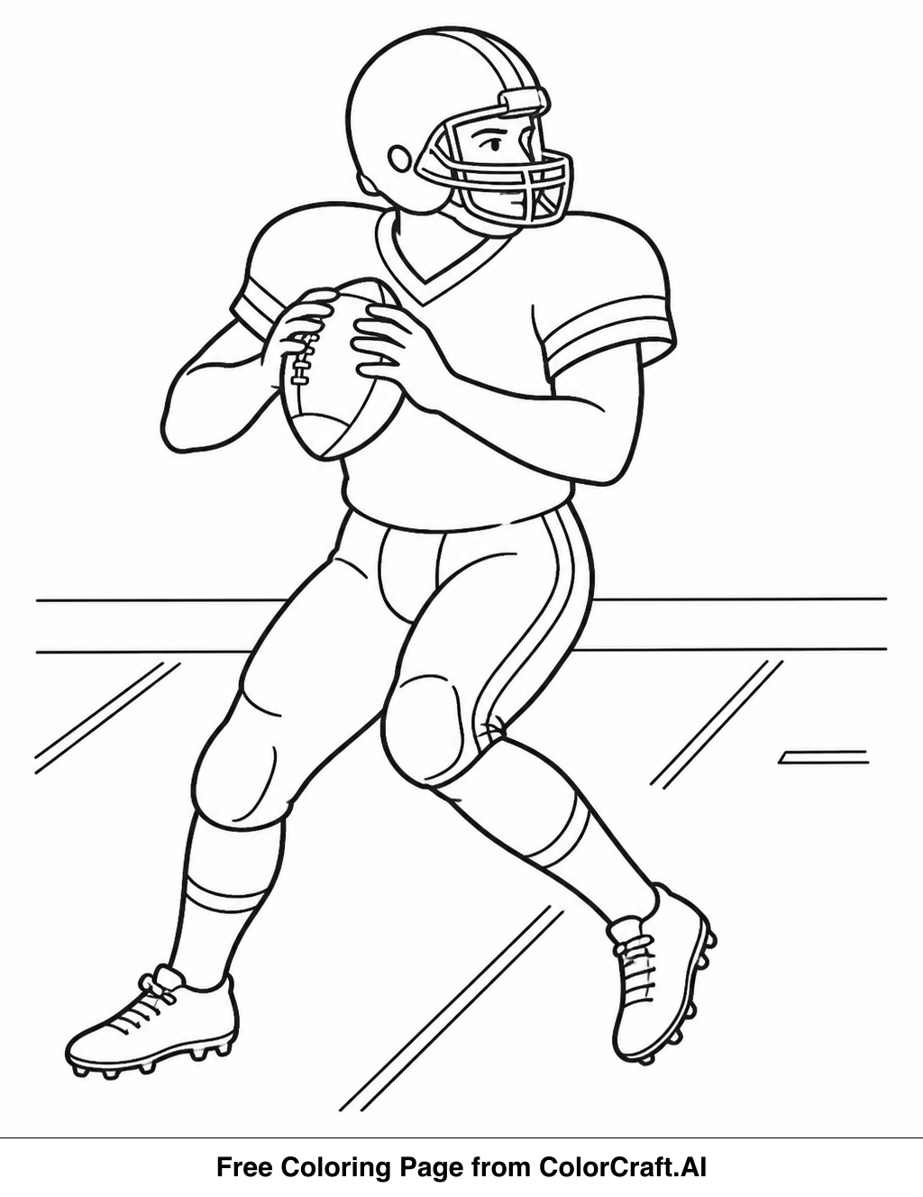 Line drawing of a Thanksgiving football game with players, goalposts, and cheering spectators for coloring.