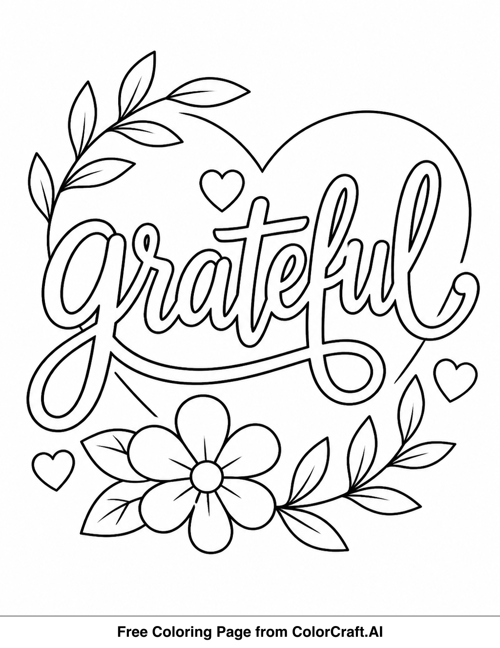 Line drawing of the word 'grateful' decorated with autumn leaves and simple patterns for coloring.
