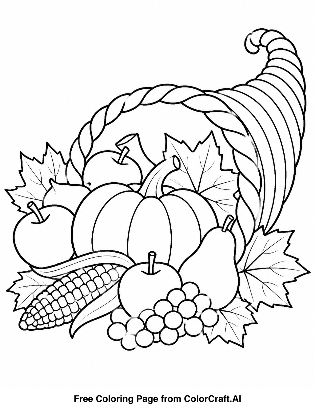 Line drawing of a cornucopia filled with fruits and vegetables for a coloring page.