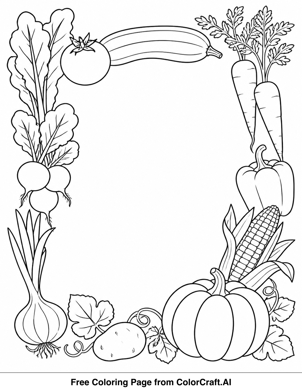 Line drawing of a decorative border featuring various autumn vegetables like pumpkins, corn, and gourds.