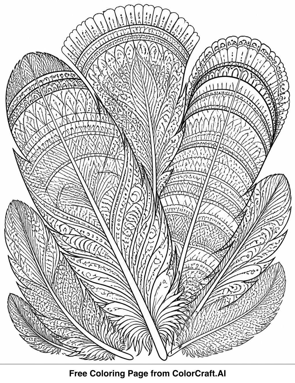 Intricate line drawing of many detailed turkey feathers arranged in a fan shape.