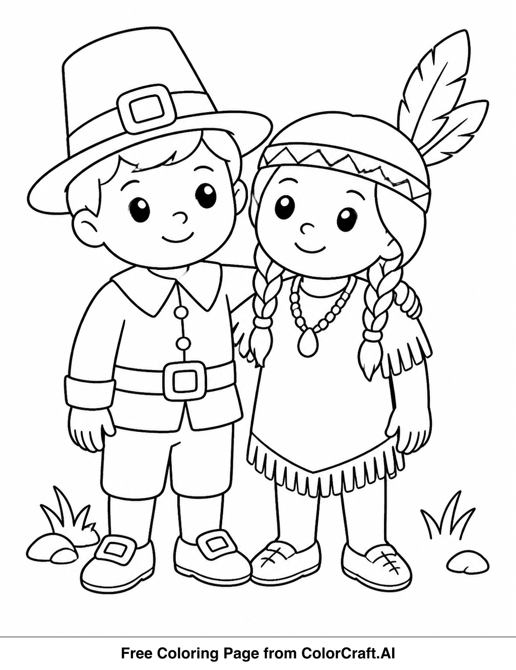 Line drawing of a pilgrim and a Native American shaking hands in front of a harvest scene.