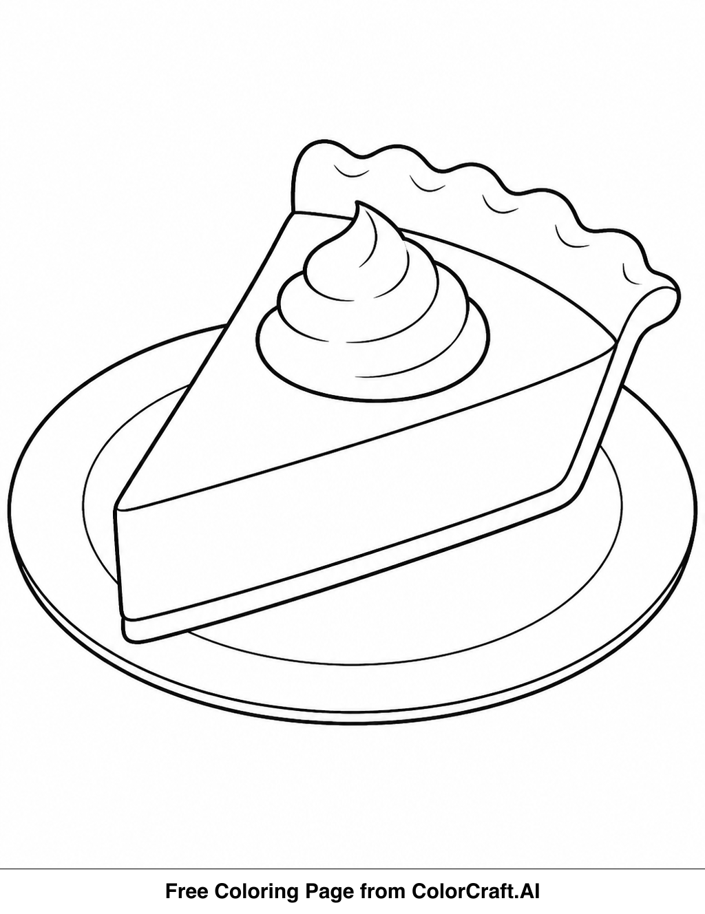 Line drawing of a single slice of pumpkin pie with crust, ready to be colored.
