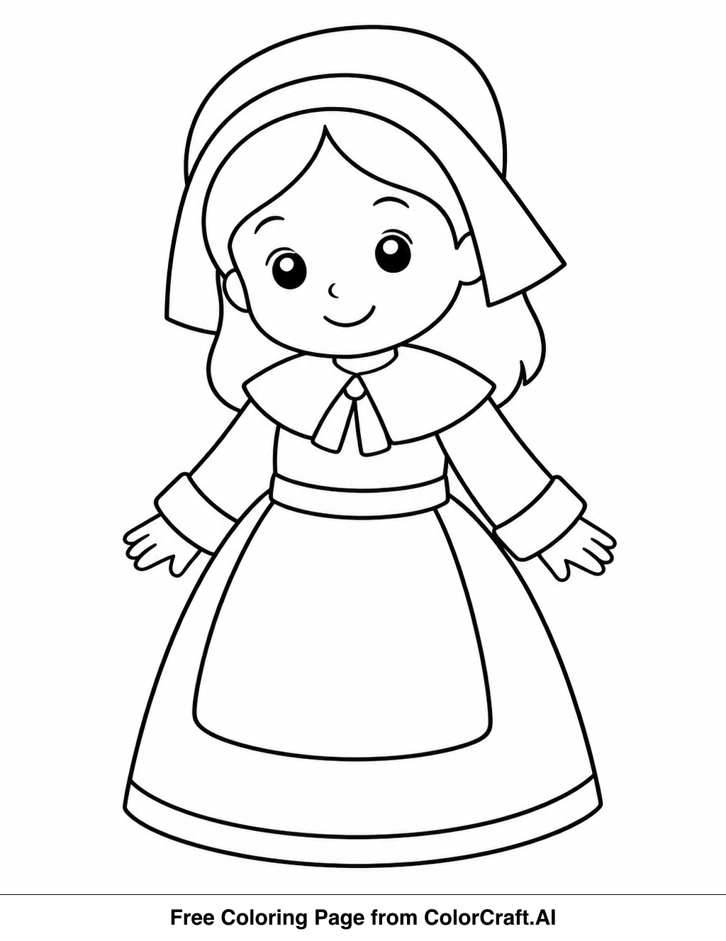 Line drawing of a young pilgrim girl with a bonnet, holding a basket of food for Thanksgiving.