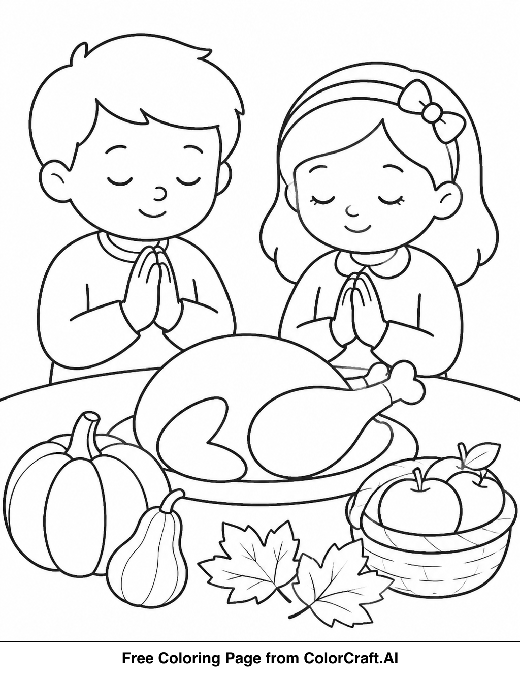 Line drawing of a family at a table, hands clasped, in a moment of prayer before Thanksgiving dinner.