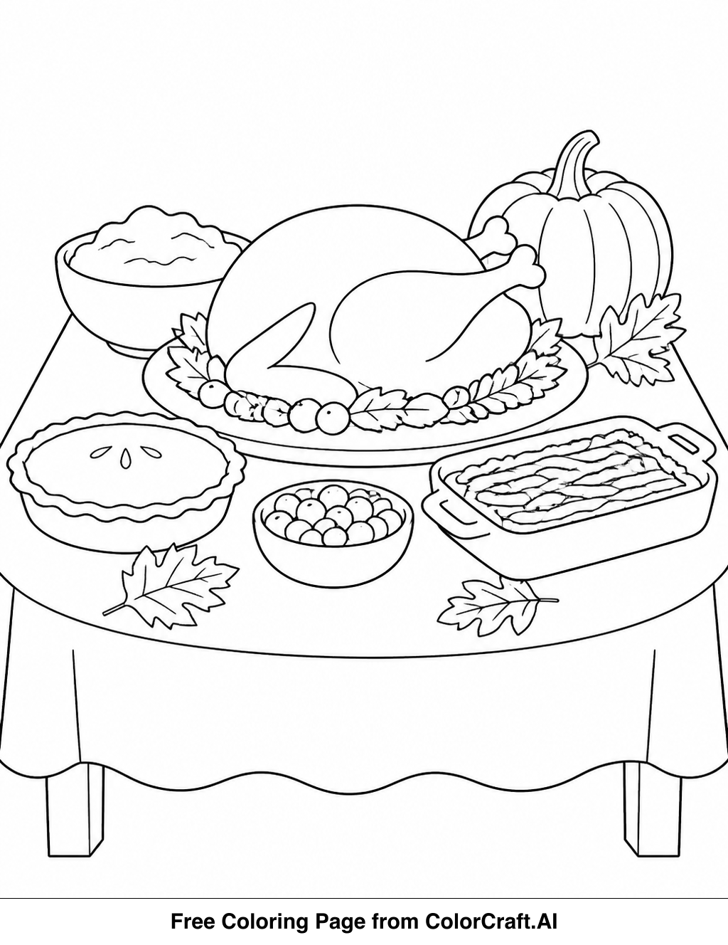 Line drawing of a Thanksgiving table set with dishes, a centerpiece, and chairs for a feast.