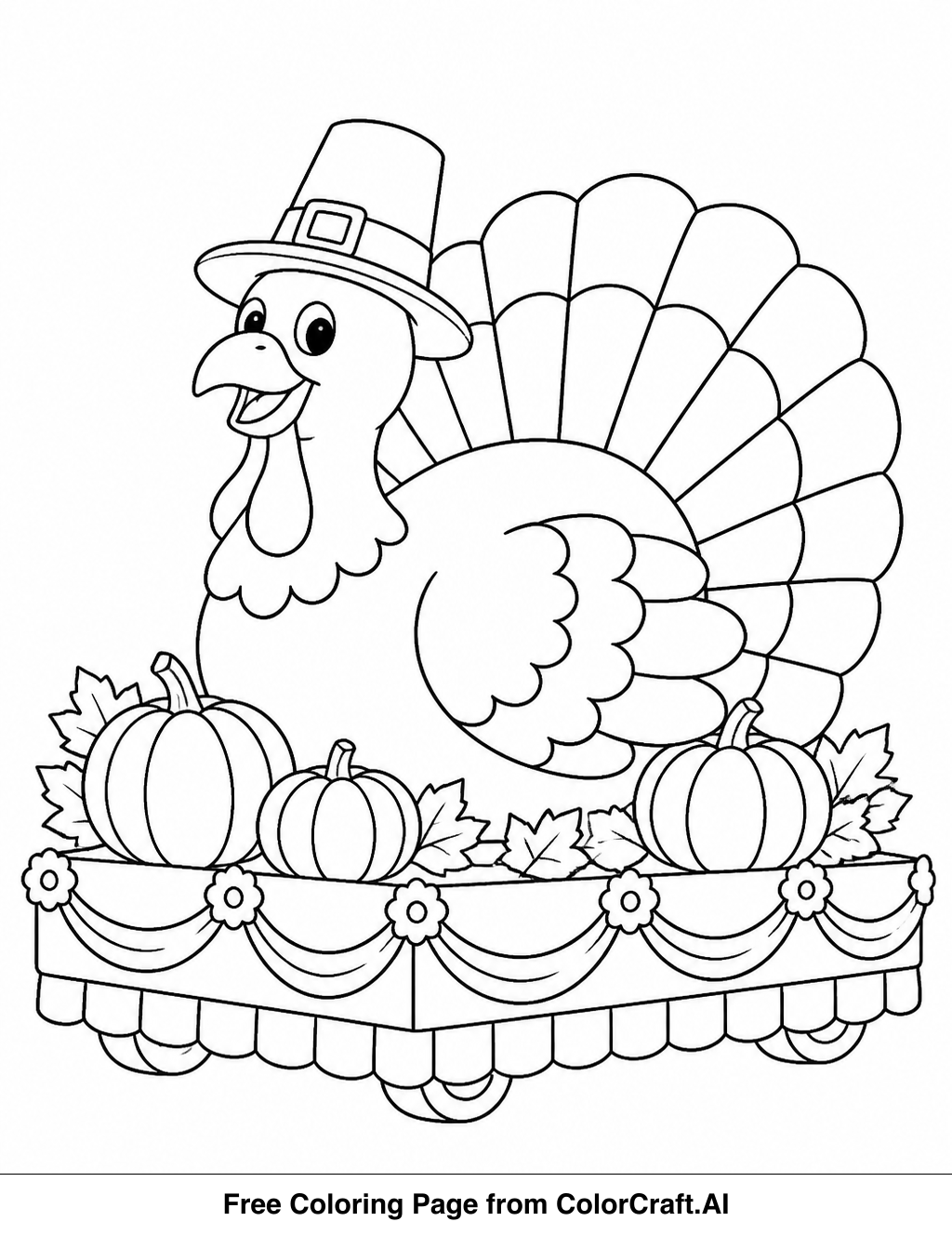 Line drawing of a large, ornate Thanksgiving parade float with decorative elements and room for coloring.